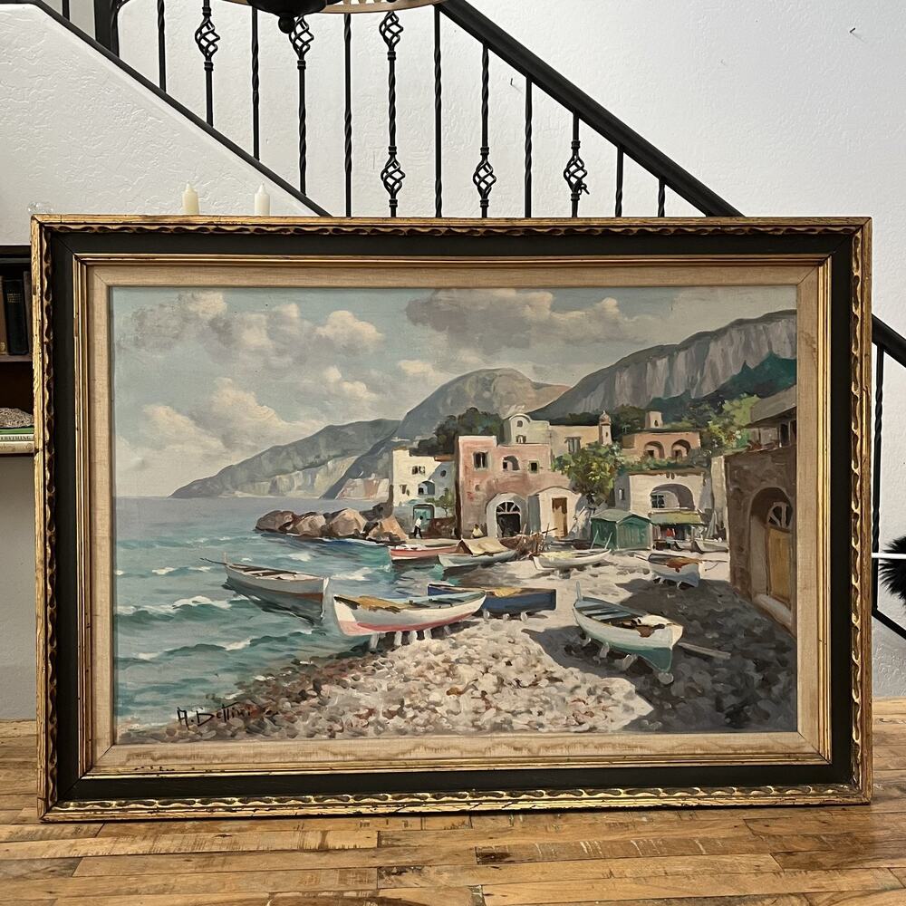 Original Vintage Framed Mediterranean Oil Painting Harbor Fishing Boats Signed